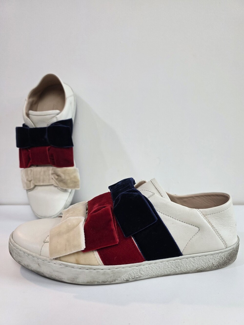 Gucci Ace Bow White Slip-On Sneakers with Navy, Red & Uvory Velvet Bows, 38.5